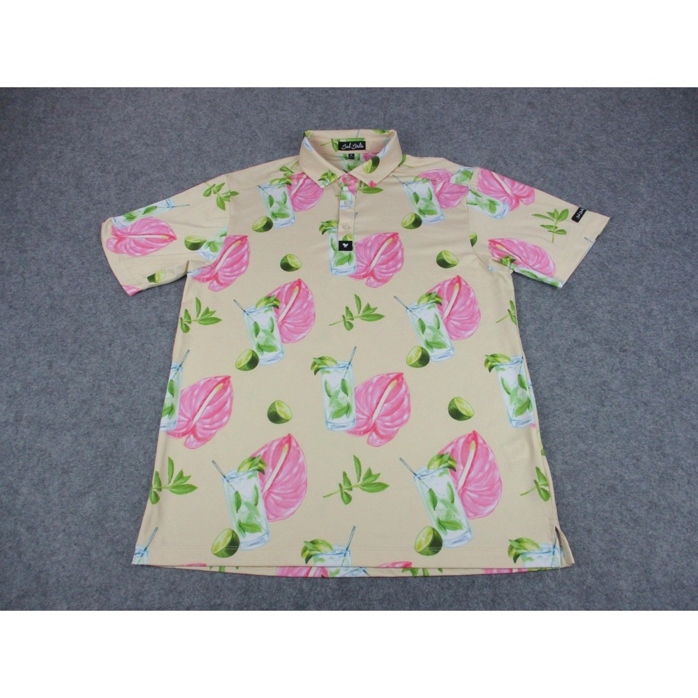 Bad Birdie Polo Shirt Mens Medium Yellow Pink Tropical Cocktail Print Golf